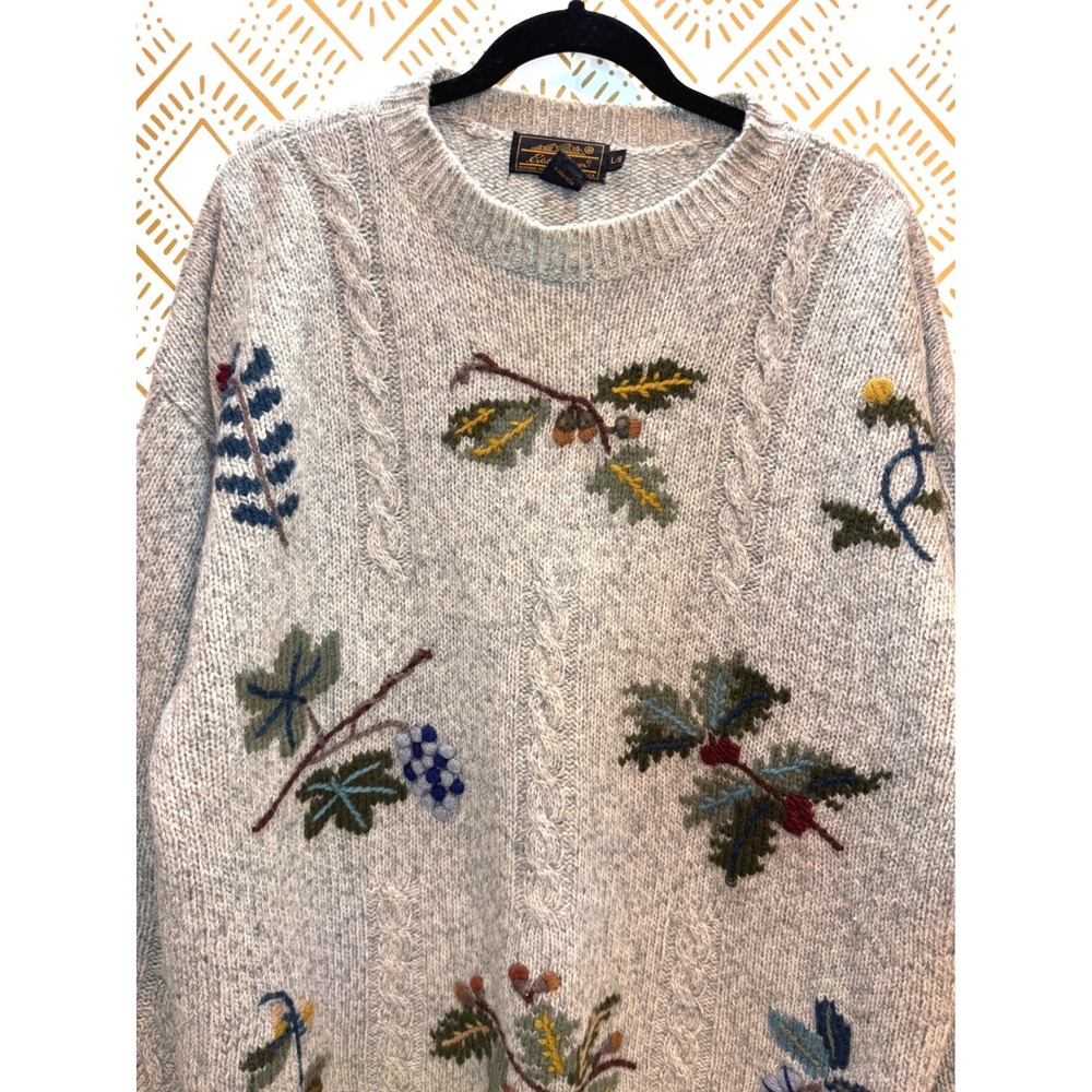 Eddie Bauer Wool Sweater Size L Gray Embroidered Botanical Cable Knit Heritage